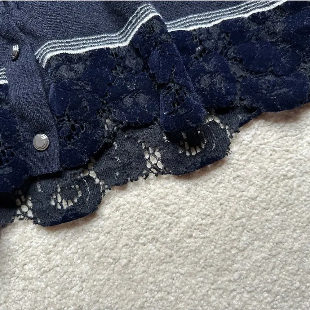 Tory Burch: Merino Wool Navy Velvet Lace Button Front Knit Cardigan